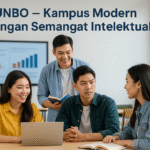 Mahasiswa Universitas Bogor (UNBO) berdiskusi di ruang kelas modern dengan suasana akademik dan digital.
