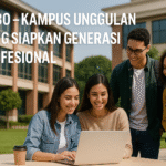 Mahasiswa Universitas Bogor (UNBO) belajar di kampus modern dengan laptop, papan digital, dan suasana akademik hijau.