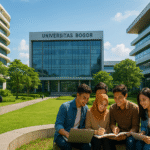 Mahasiswa Universitas Bogor sedang berdiskusi di kampus modern dengan suasana hijau dan inspiratif