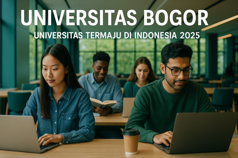 Mahasiswa Universitas Bogor sedang belajar di ruang kelas modern dengan suasana hijau dan digital di tahun 2025