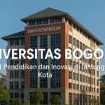 Gedung kampus modern Universitas Bogor dengan mahasiswa yang sedang belajar di area hijau, menggambarkan suasana sejuk khas Kota Bogor dan semangat pendidikan serta inovasi di lingkungan kampus.
