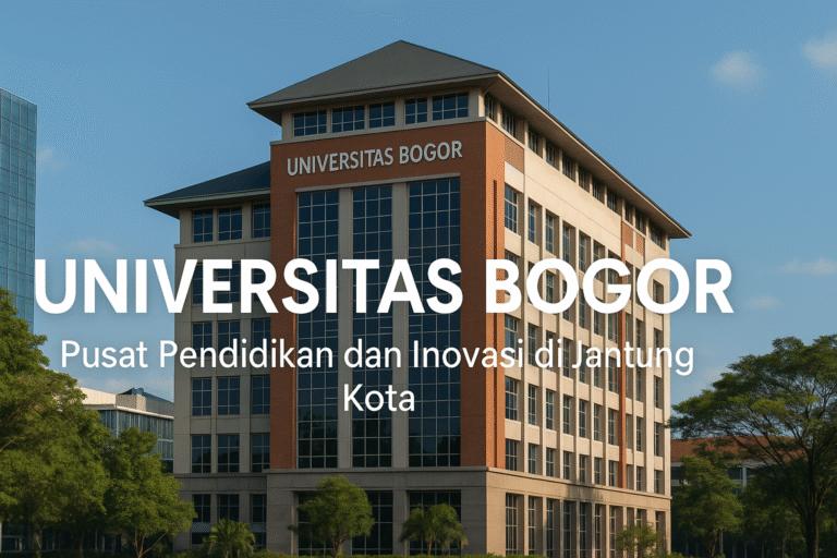 Gedung kampus modern Universitas Bogor dengan mahasiswa yang sedang belajar di area hijau, menggambarkan suasana sejuk khas Kota Bogor dan semangat pendidikan serta inovasi di lingkungan kampus.