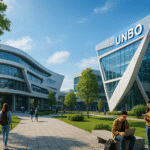 Kampus modern UNBO dengan mahasiswa beraktivitas di lingkungan hijau dan futuristik.