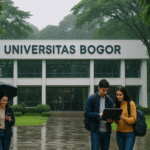 Gedung kampus Universitas Bogor dengan latar pepohonan hijau dan suasana hujan ringan yang melambangkan harmoni alam dan teknologi.