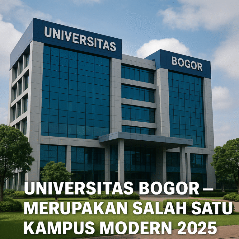Gedung utama Universitas Bogor dengan arsitektur modern tahun 2025, menampilkan kaca biru dan area hijau kampus.