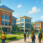 Ilustrasi kampus modern di Bogor dengan mahasiswa berjalan